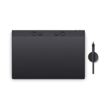 Black Intuos Pro Large tablet top view with four control dials and included pen