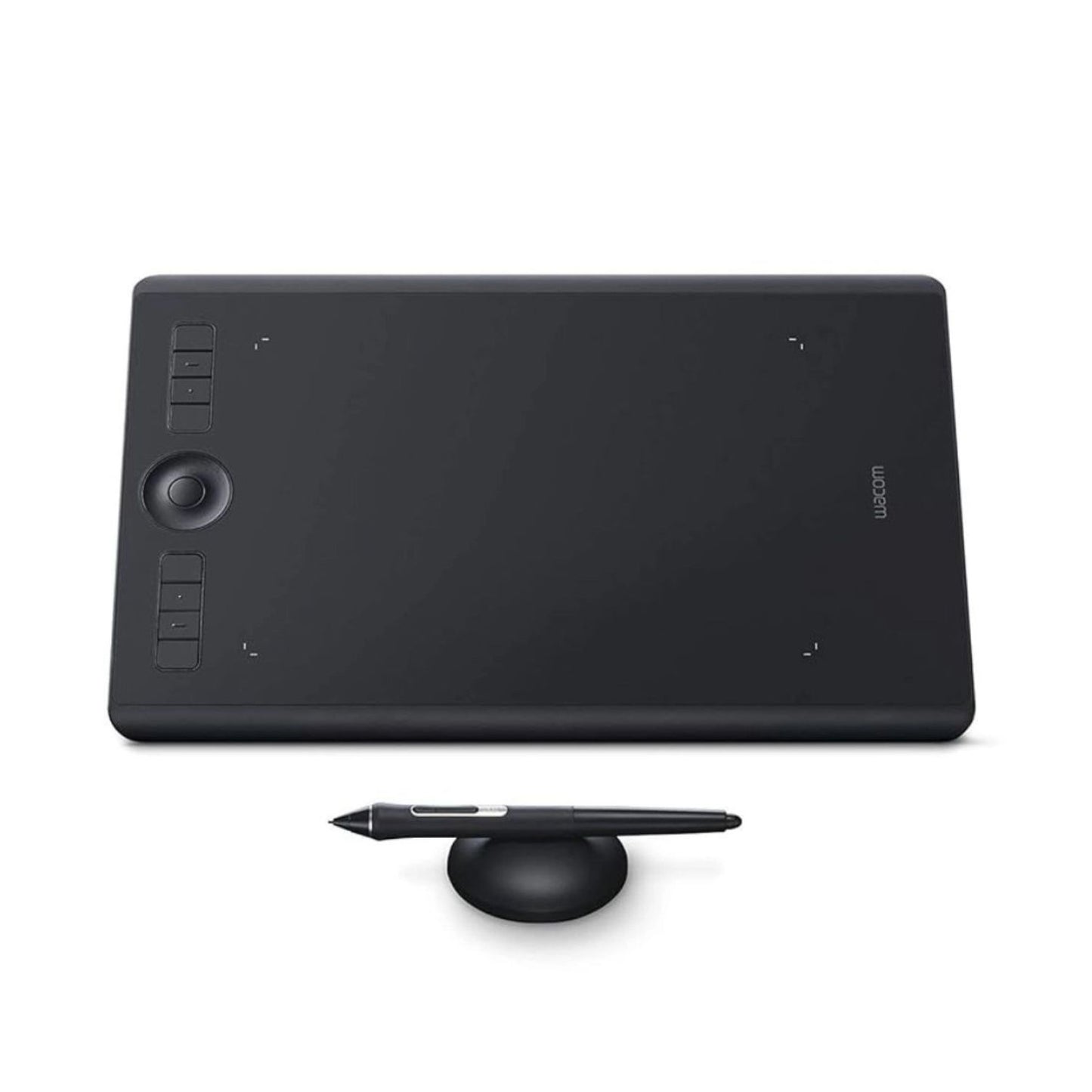 Wacom Intuos Pro graphics tablet with pen on stand, dark tablet with control buttons