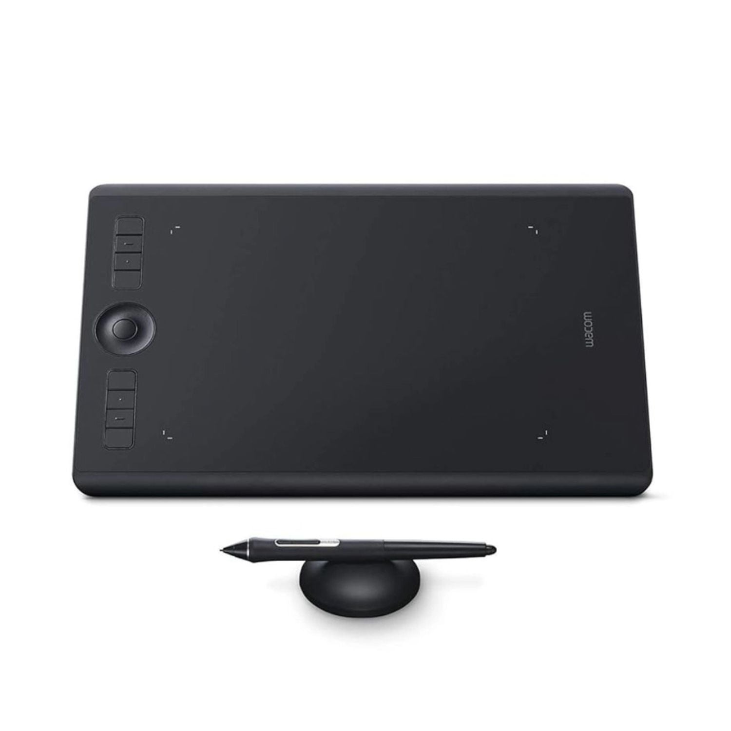Wacom Intuos Pro graphics tablet with pen on stand, dark tablet with control buttons