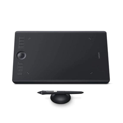 Wacom Intuos Pro graphics tablet with pen on stand, dark tablet with control buttons