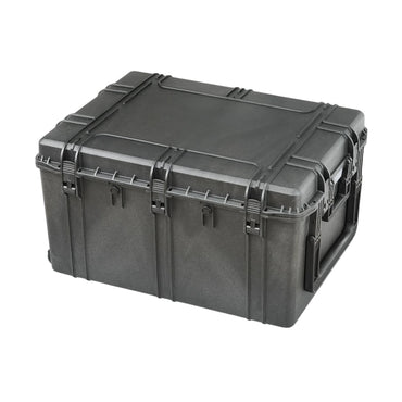 Black waterproof hard cargo case, closed with molded latch clips and side handle