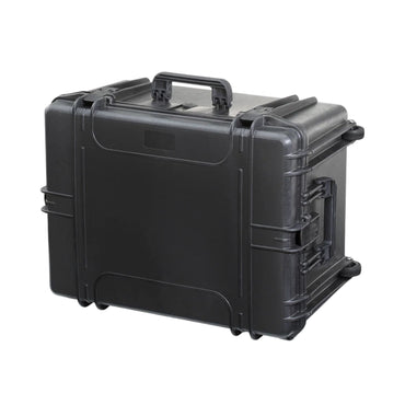 Black waterproof hard case closed with molded handle and latch details