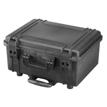 Black waterproof lighting hard case, closed with rugged handle and side latches