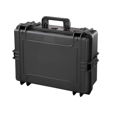 Waterproof photography hard case, black, closed with top carrying handle and latches