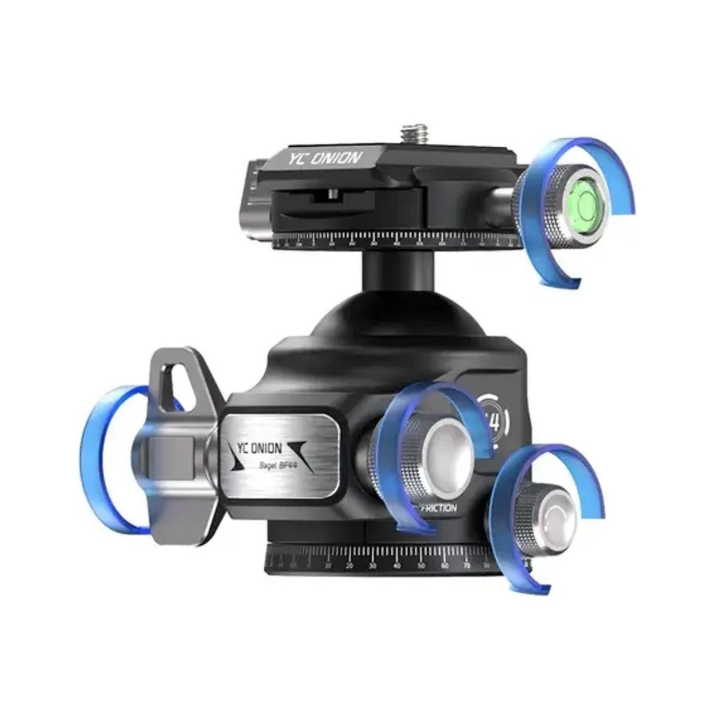Bagel BF44 ball head close-up with blue leveling knobs and engraved scale, black