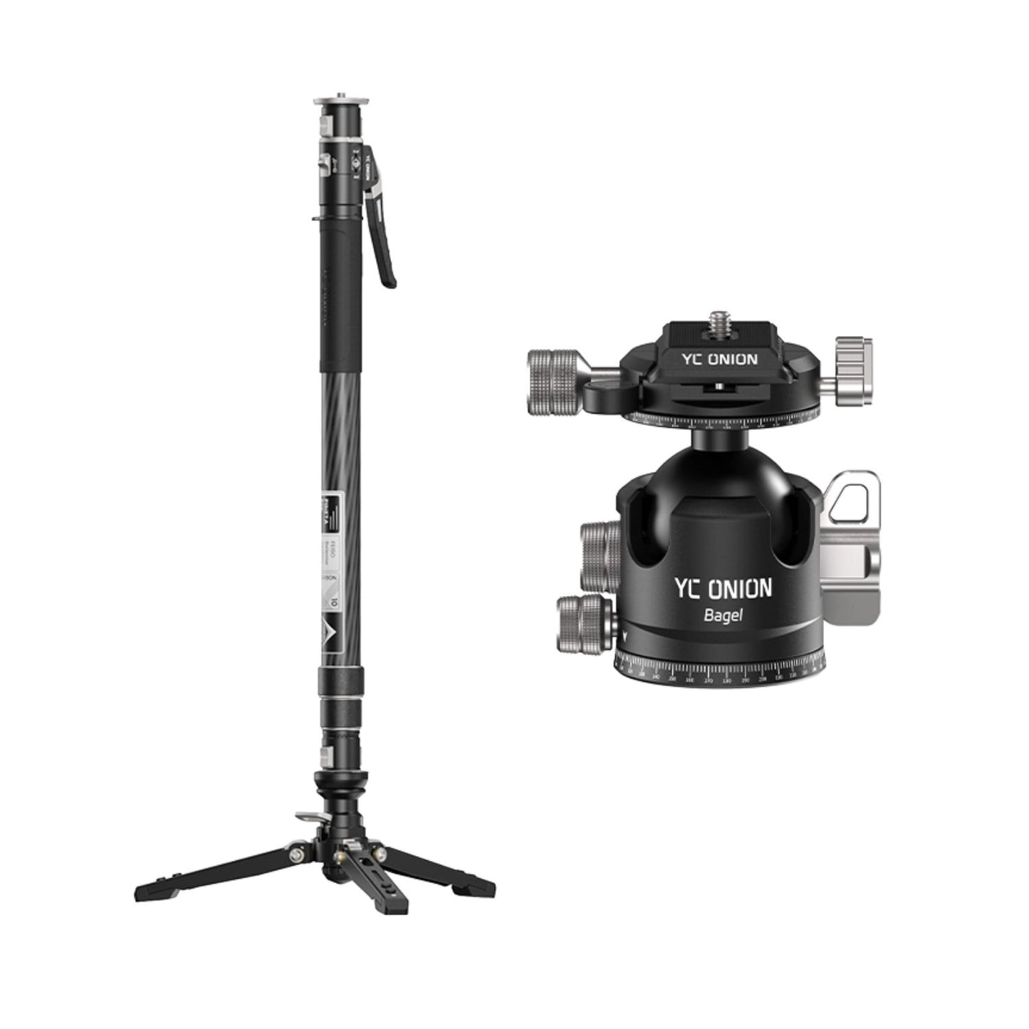 Bagel BF44 ball head with quick-release mount and adjustable knobs, black metal