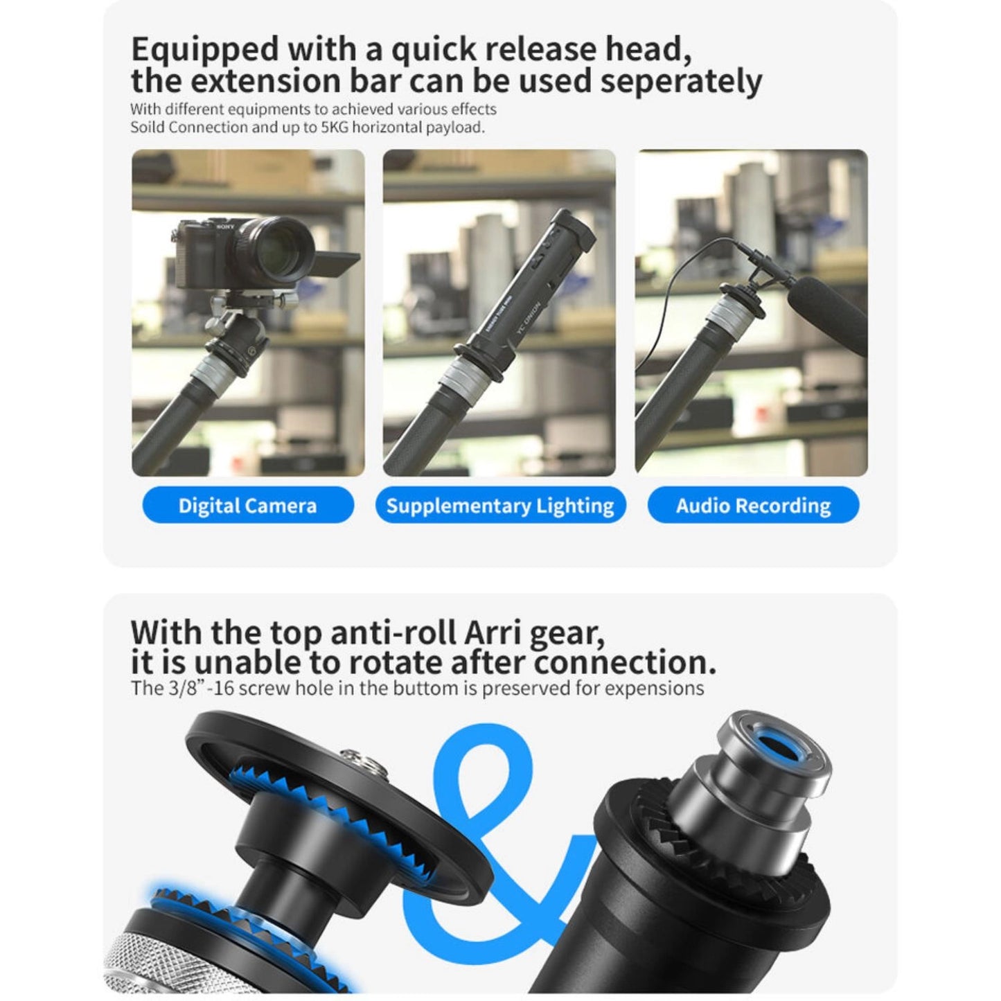 Extension tube with quick-release head and threaded connection sections