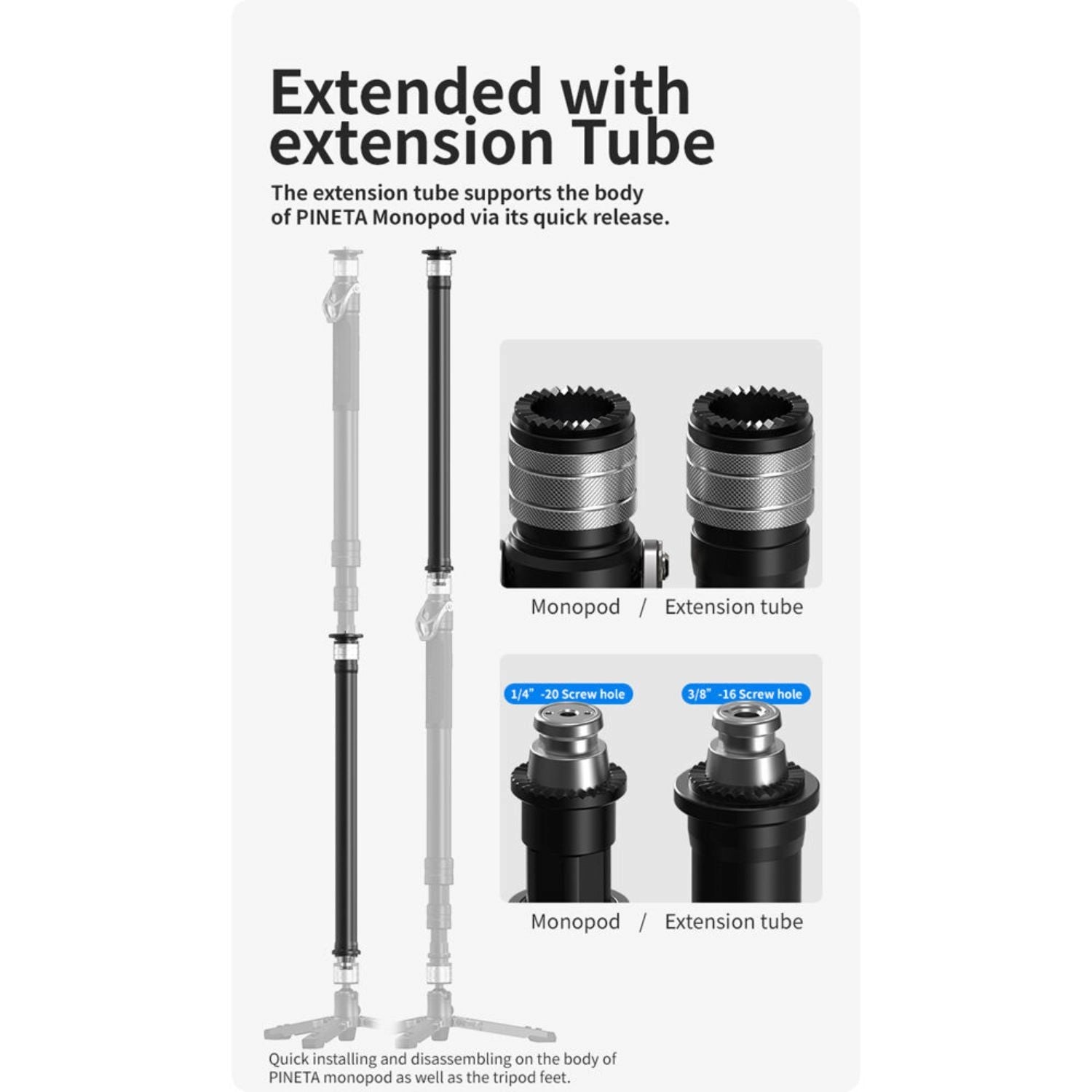 Extension tube with 1/4 and 3/8 screw holes for monopod