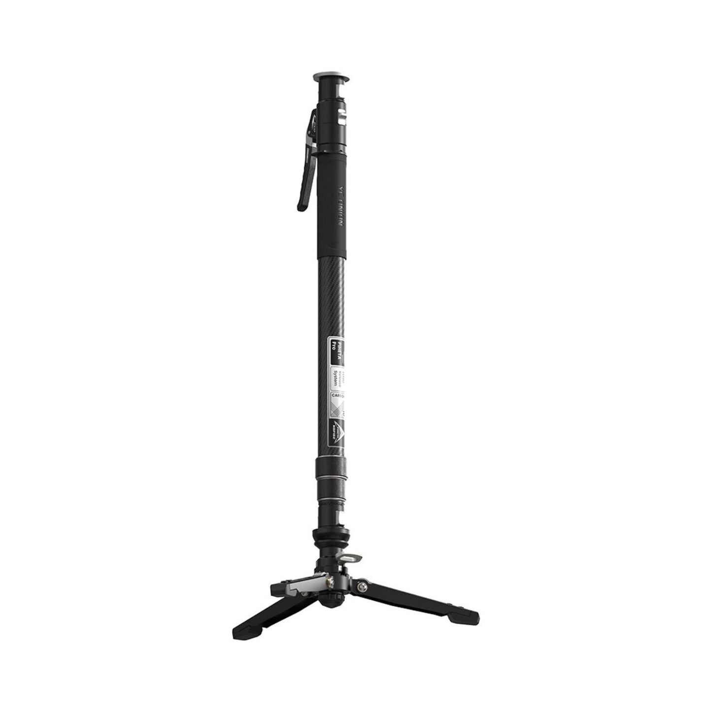 Carbon fiber monopod with FH60 fluid head and 3-leg pedal base, side view