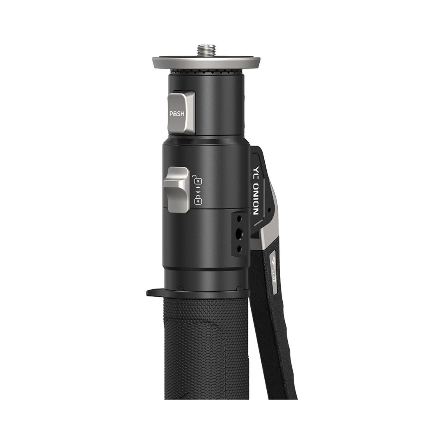Fluid head close-up with lever controls and top mounting thread
