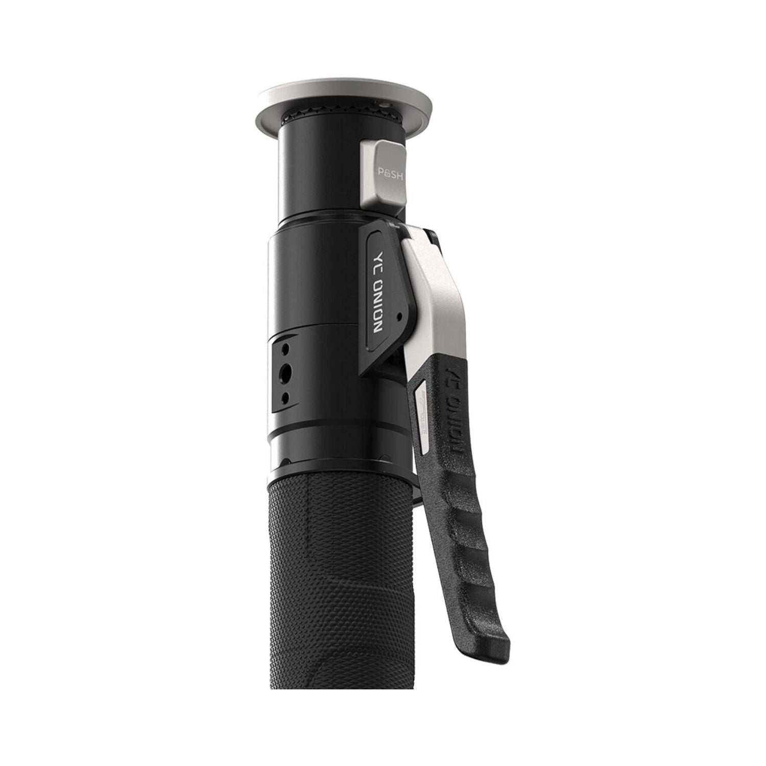 FH60 fluid head close-up with handle grip and side ports, black and gray