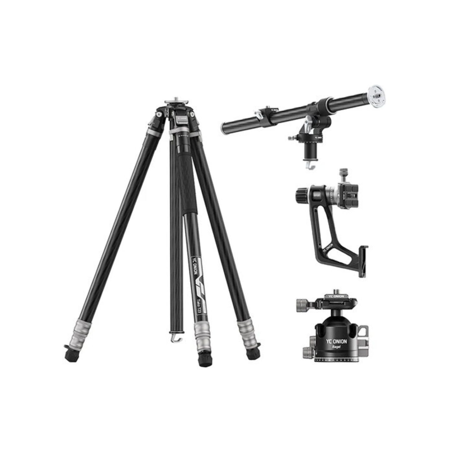 Tripod with ball head and overhead rig, black and silver, side-by-side view