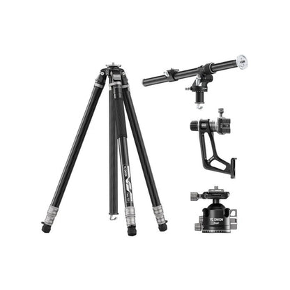 Tripod with ball head and overhead rig, black and silver, side-by-side view