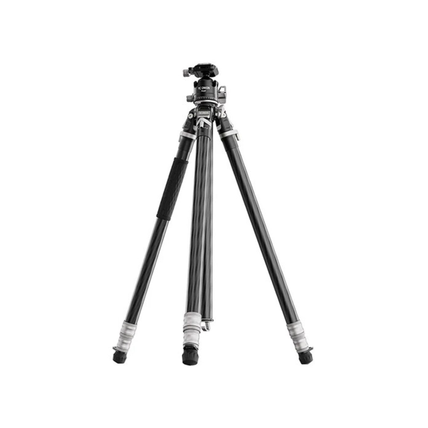Black and silver tripod legs with head assembly, front view