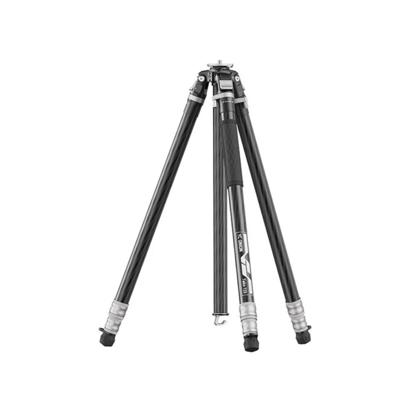 Tripod with black legs and center column, top mounting head, rear view