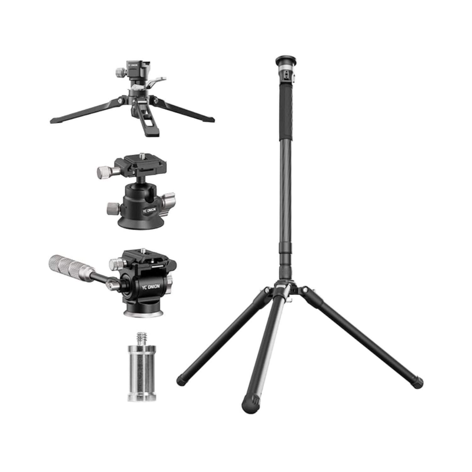 Monopod with FX50 fluid head, tripod-style three-leg base, compact black design
