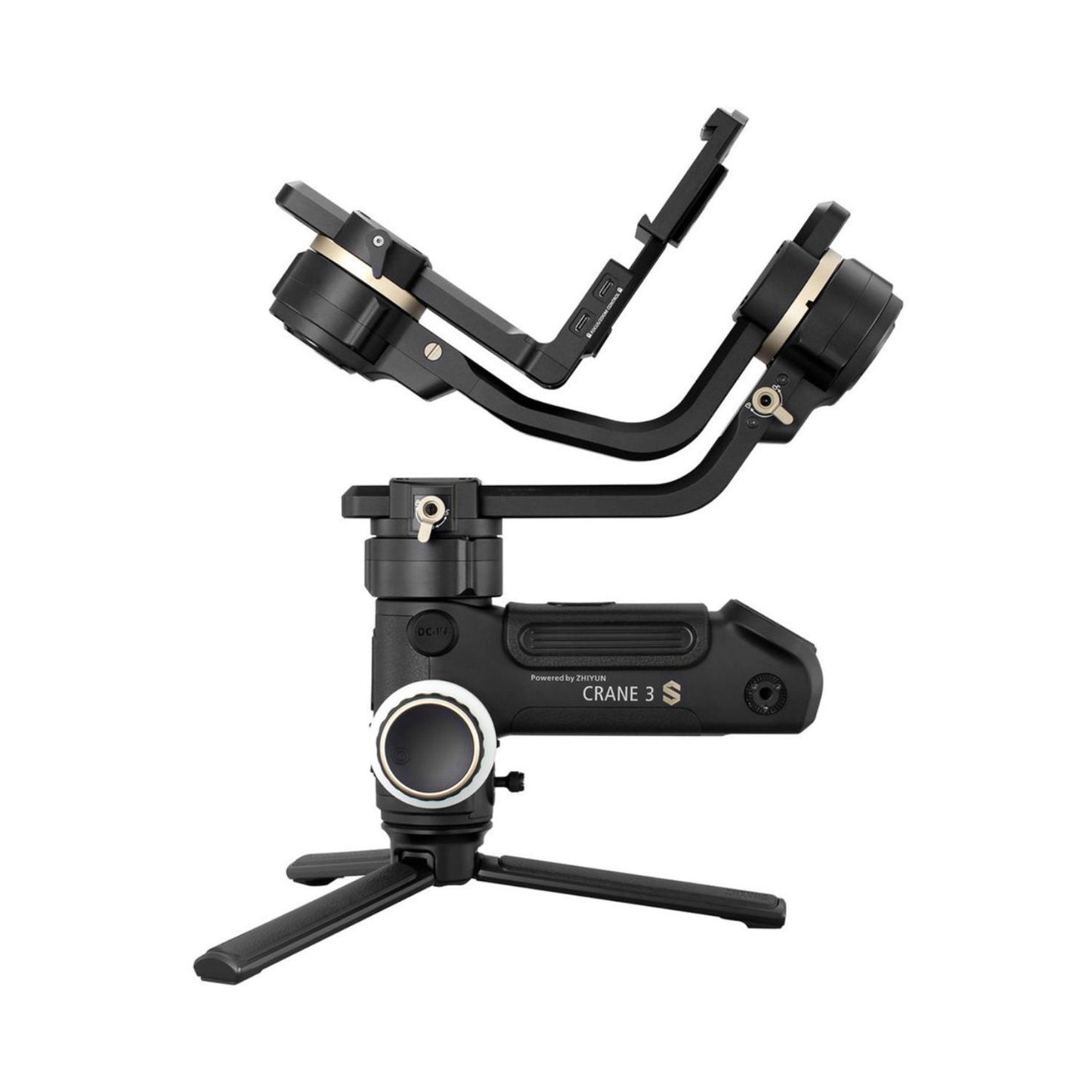 Handheld stabilizer with extended arm, dual camera mounts and base