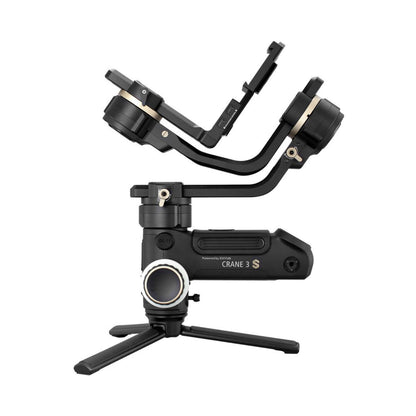 Handheld stabilizer with extended arm, dual camera mounts and base
