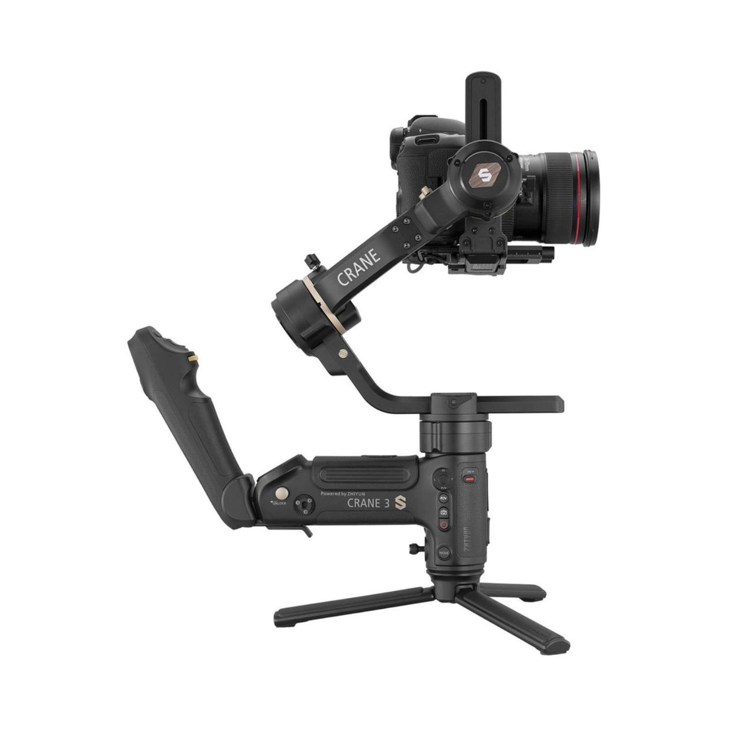 CRANE 3S gimbal stabilizer angled with camera cage and side handle