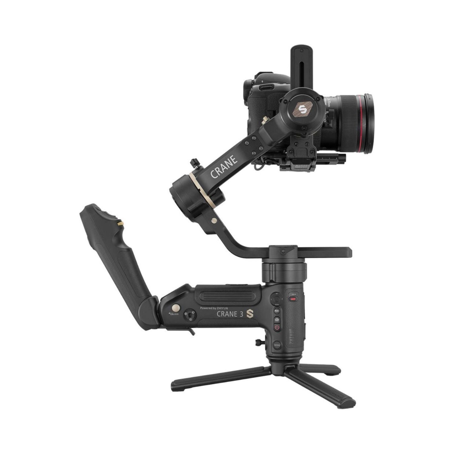 CRANE 3S gimbal stabilizer angled with camera cage and side handle