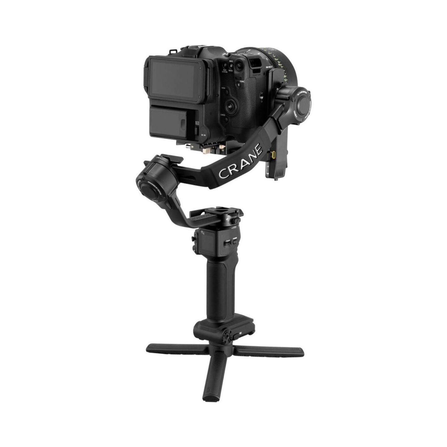CRANE 4 gimbal stabilizer supporting a camera with side control panel