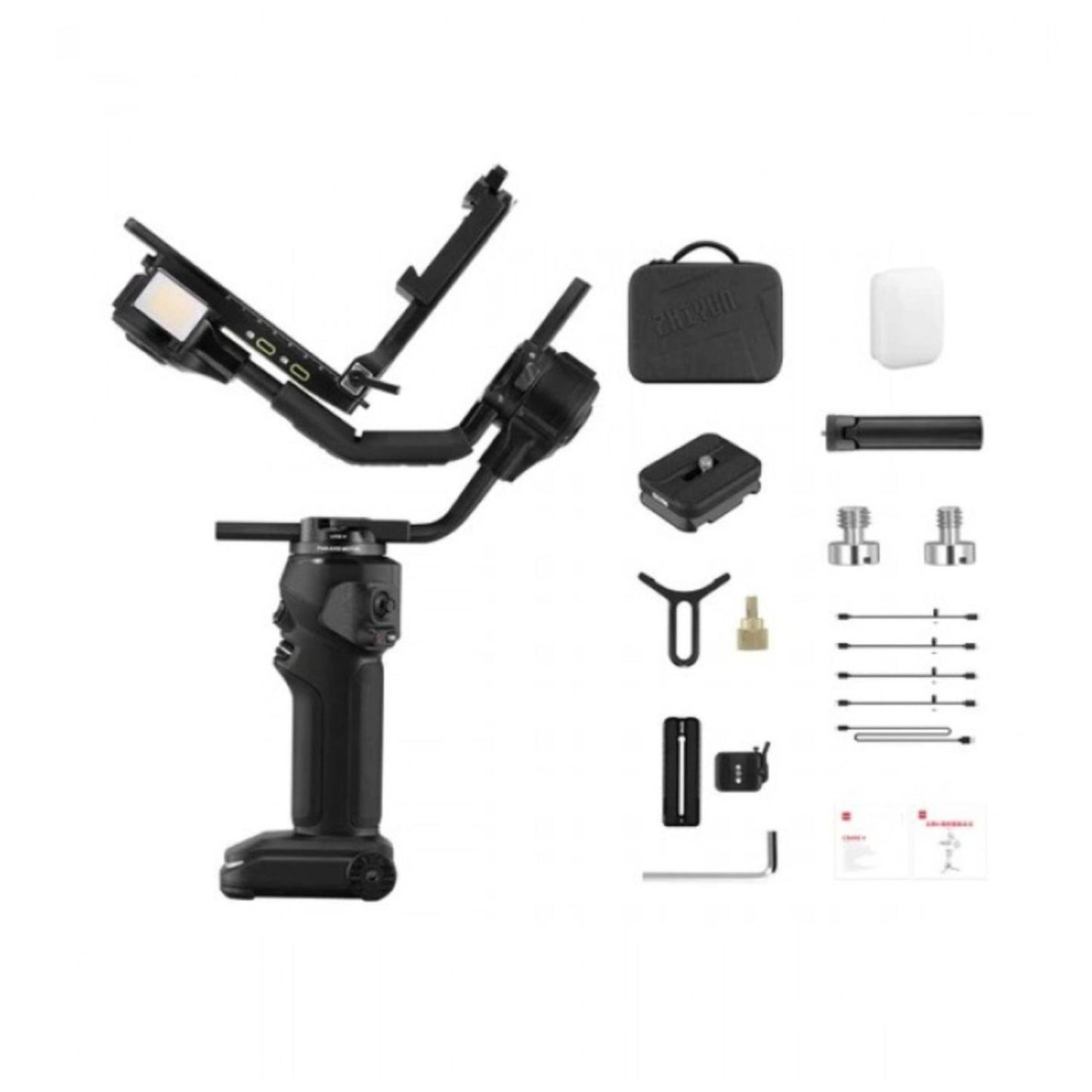 CRANE 4 gimbal kit contents with gimbal, mounting parts, tools, and foam blocks