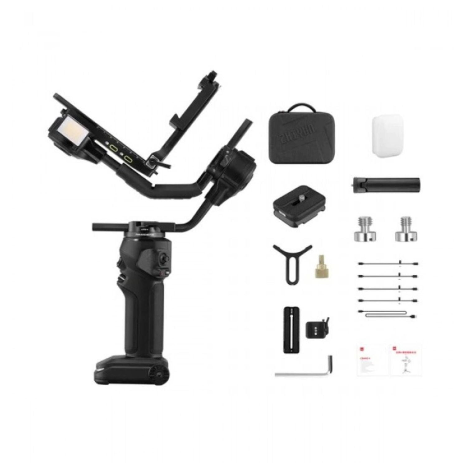 CRANE 4 gimbal kit contents with gimbal, mounting parts, tools, and foam blocks
