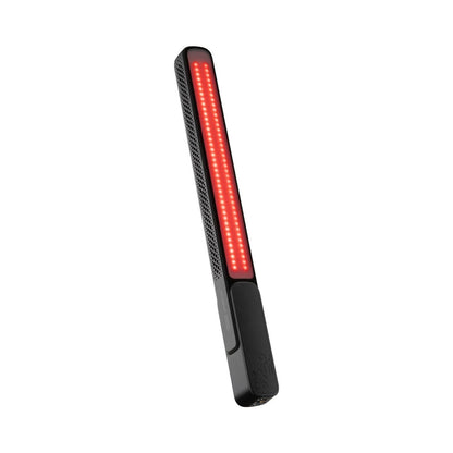 LED light stick with red strip glow and textured side grille, black handle