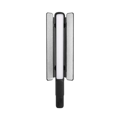 LED light stick with two gray foam diffusers folded out around the light bar