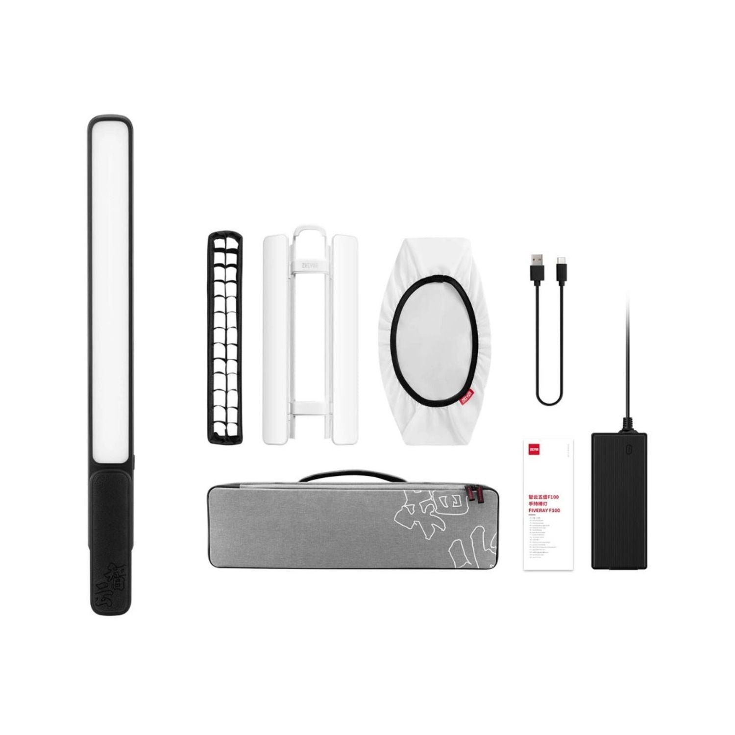 LED light stick combo with carry pouch, filters, cables, and power bank accessories