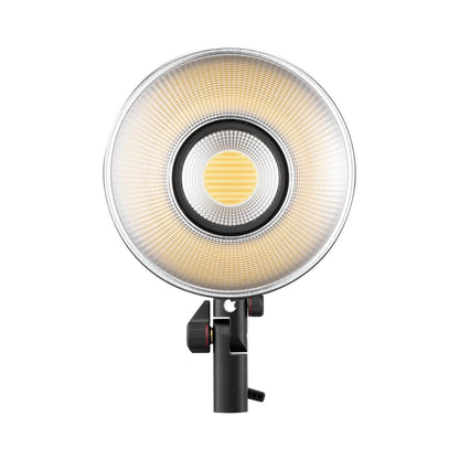 Bi-color LED monolight head with reflective ring and black mount, front view