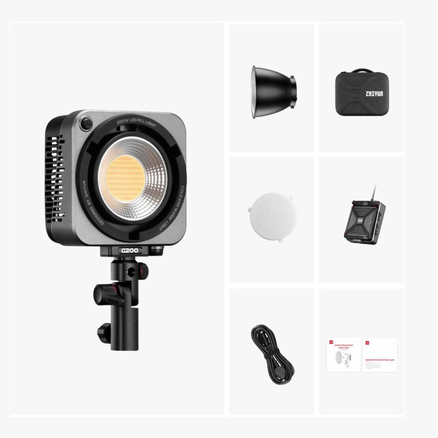 Bi-color LED monolight kit with reflector, diffuser cap, cable, and carry case