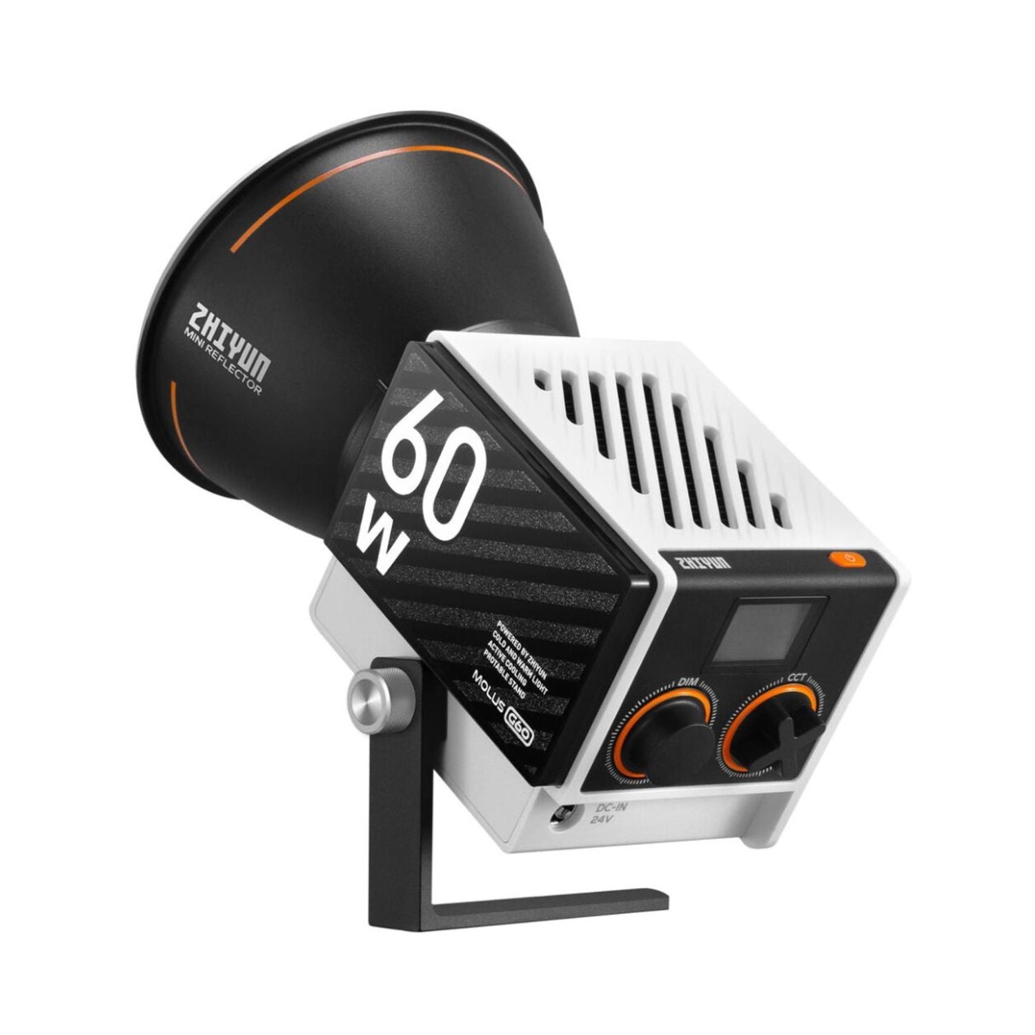 60W bi-color COB monolight with orange dial markings, side heat vents and stand