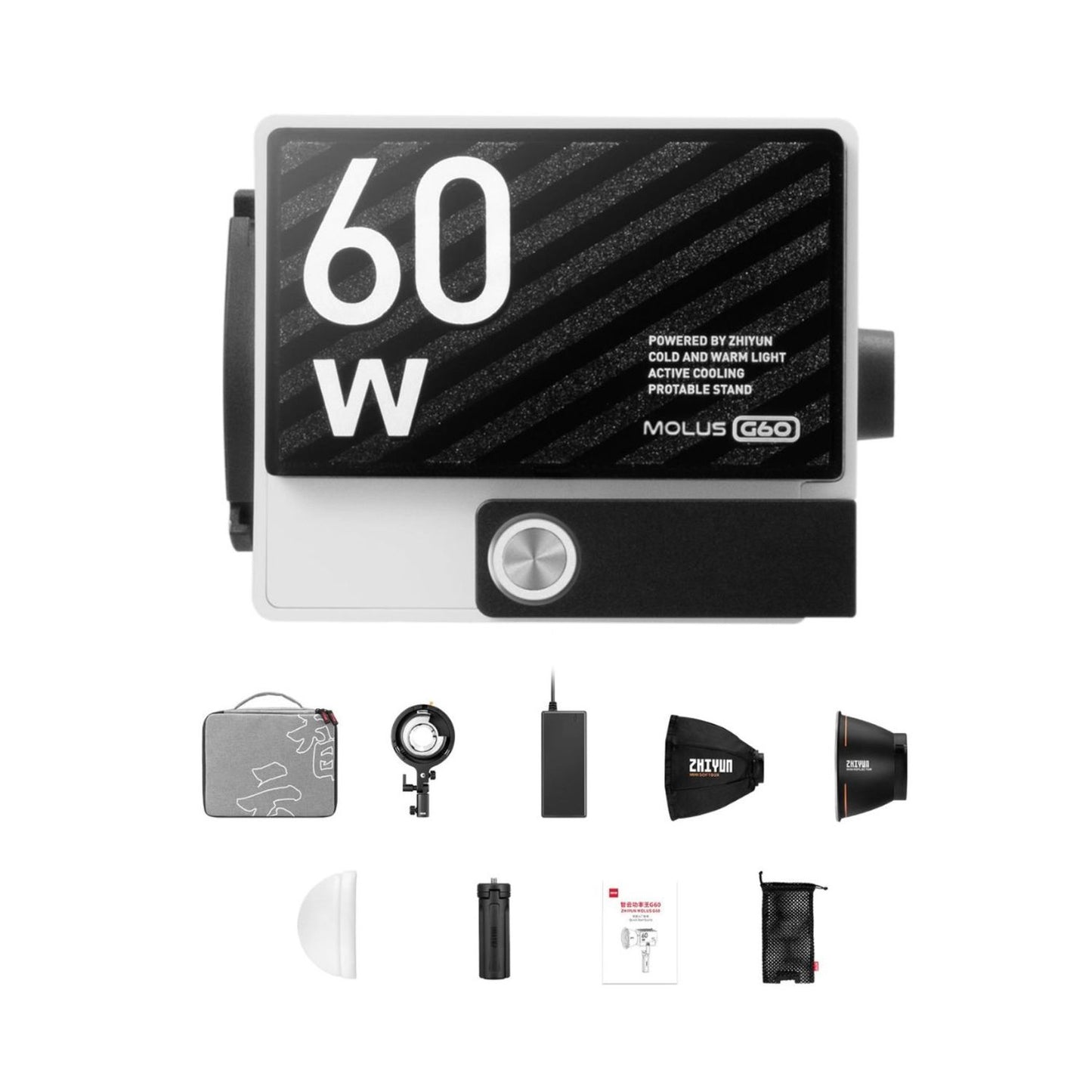 Zhiyun MOLUS G60 bi-color pocket COB monolight with diffuser and mounting accessories