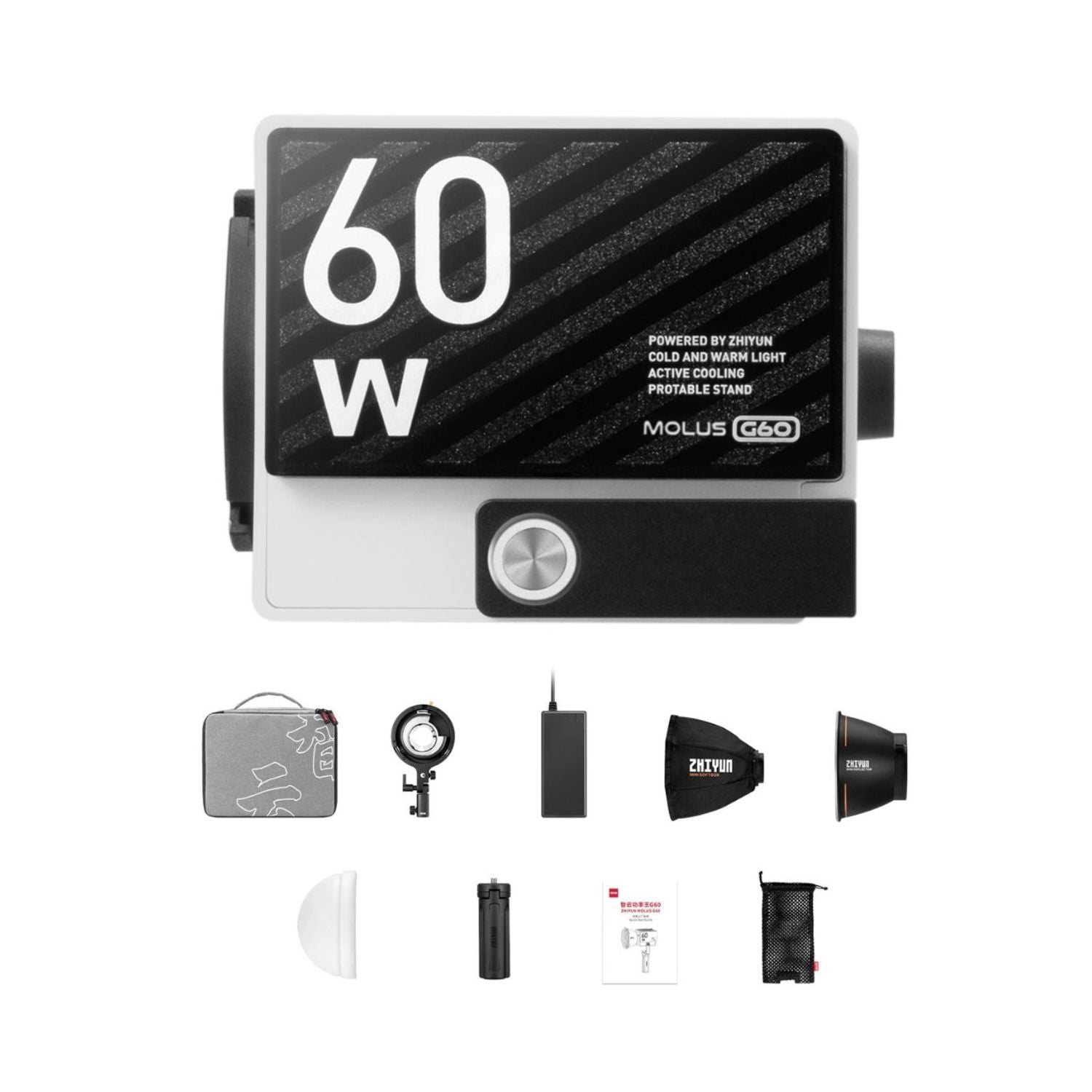 Zhiyun MOLUS G60 bi-color pocket COB monolight with diffuser and mounting accessories