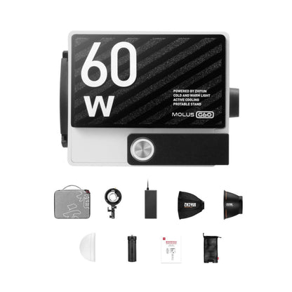 Zhiyun MOLUS G60 bi-color pocket COB monolight with diffuser and mounting accessories