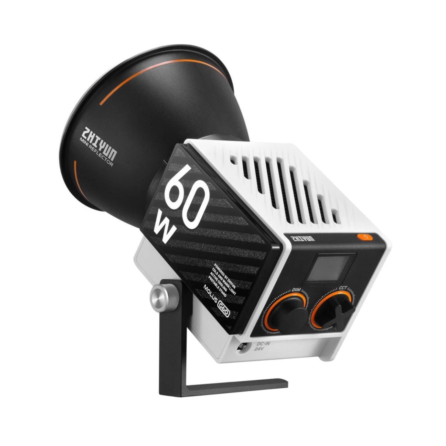 Bi-color pocket COB monolight on stand, angled view with cooling vents and side dials