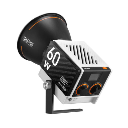 Bi-color pocket COB monolight on stand, angled view with cooling vents and side dials