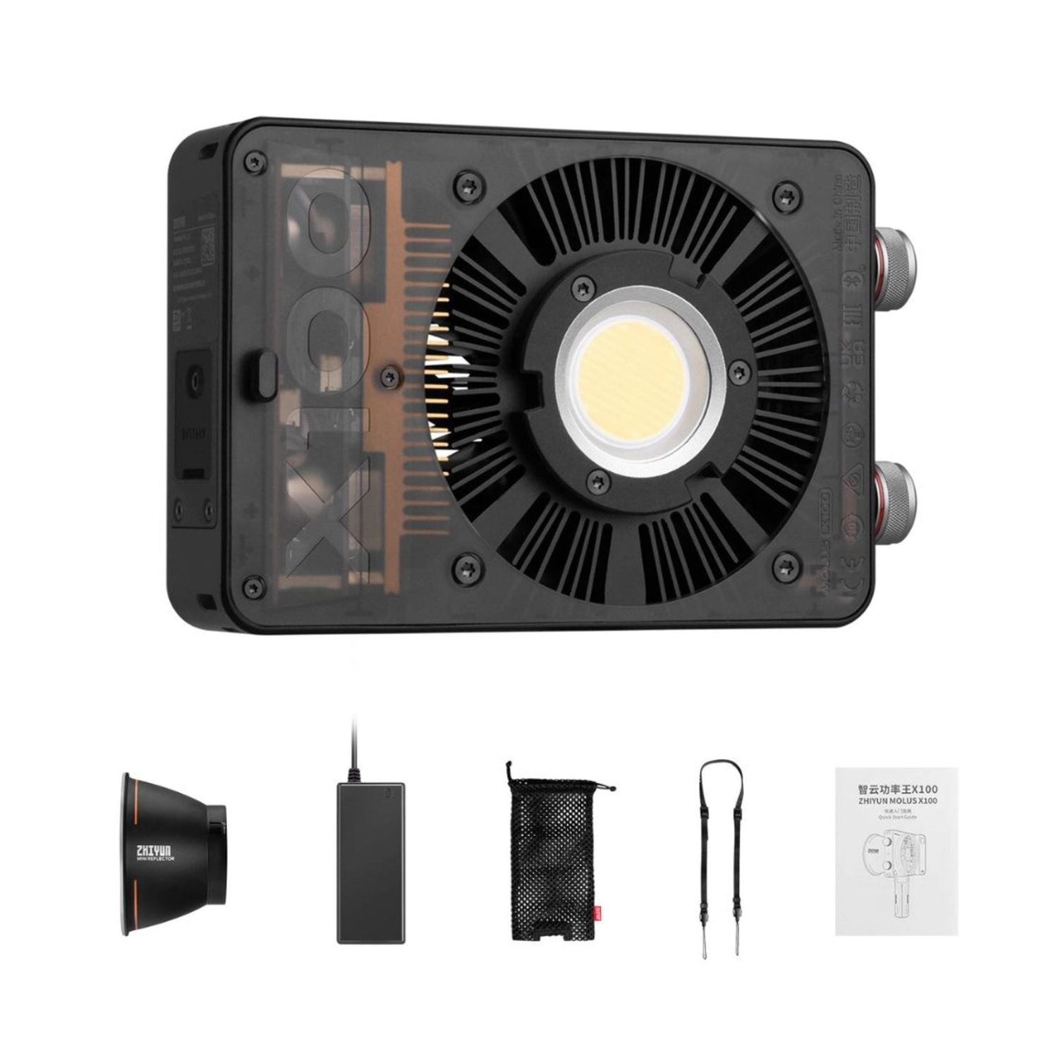 MOLUS X100 Bi-Color Pocket COB Monolight, Vorderseite mit LED-Ring und Kühlrippen