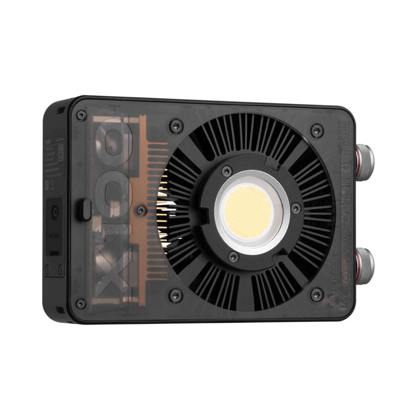 Pocket COB monolight rear panel with heatsink grill and dual side connectors