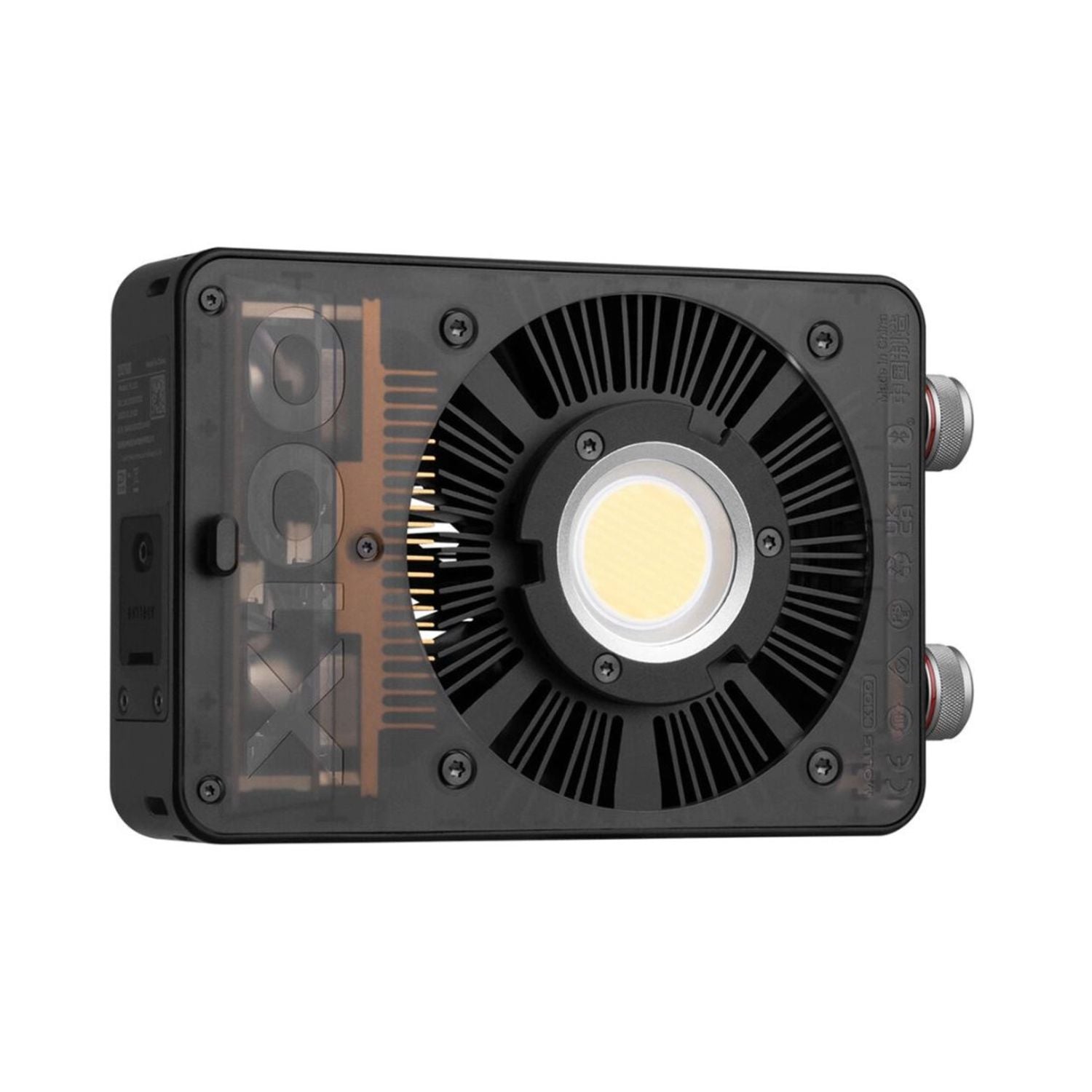 Pocket COB monolight rear panel with heatsink grill and dual side connectors