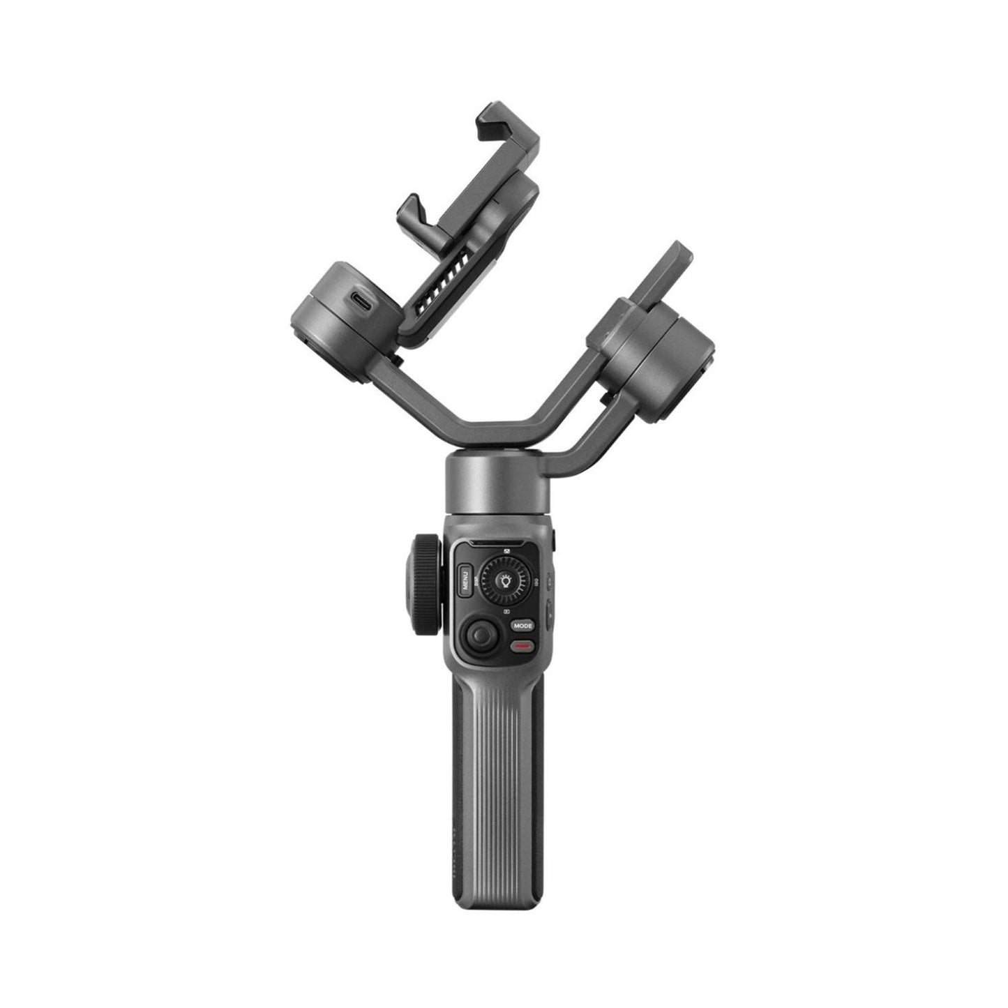 Smartphone stabilizer with grey body, gimbal head, and side control dial
