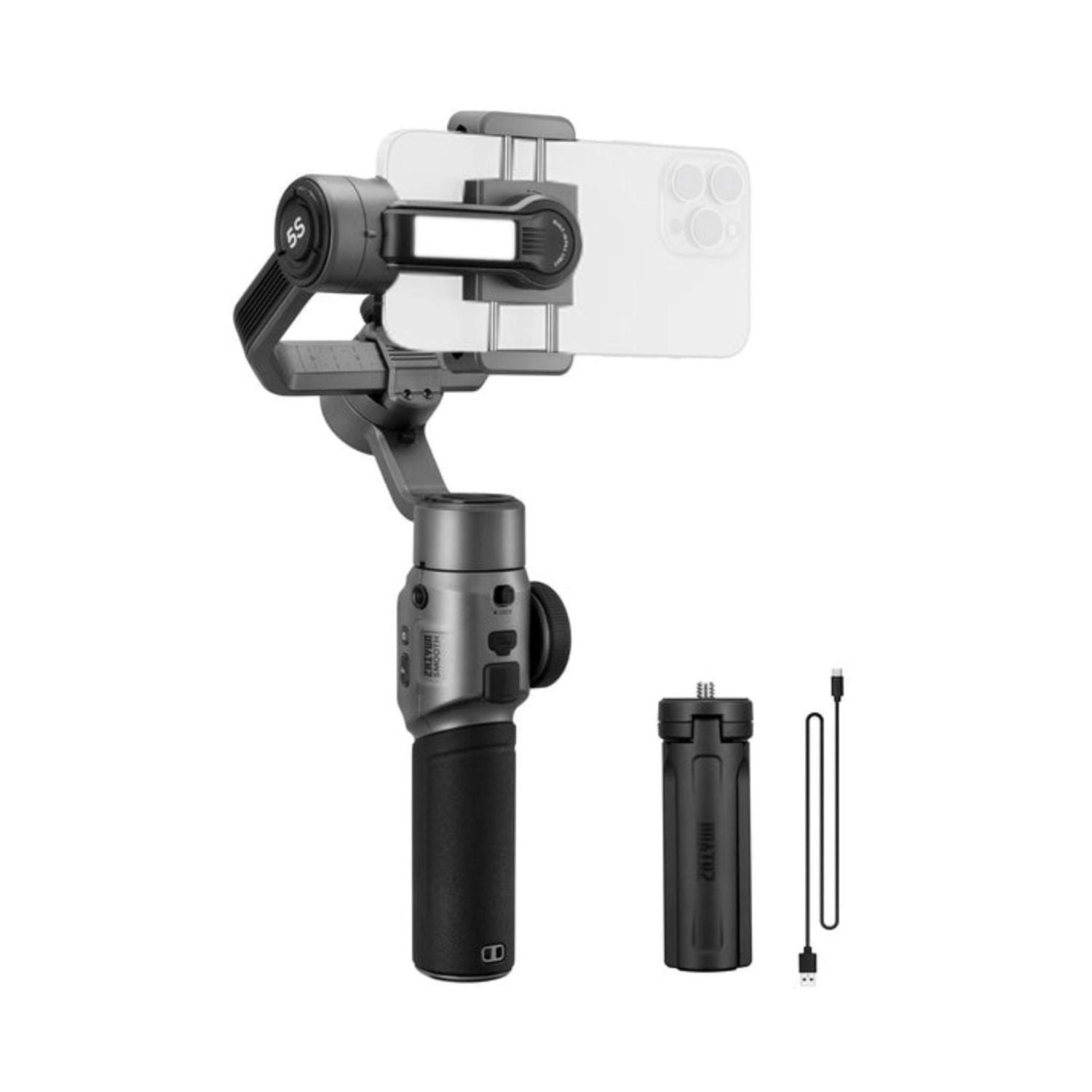 SMOOTH 5S phone stabilizer with dark-grey grip, gimbal head, and phone holder