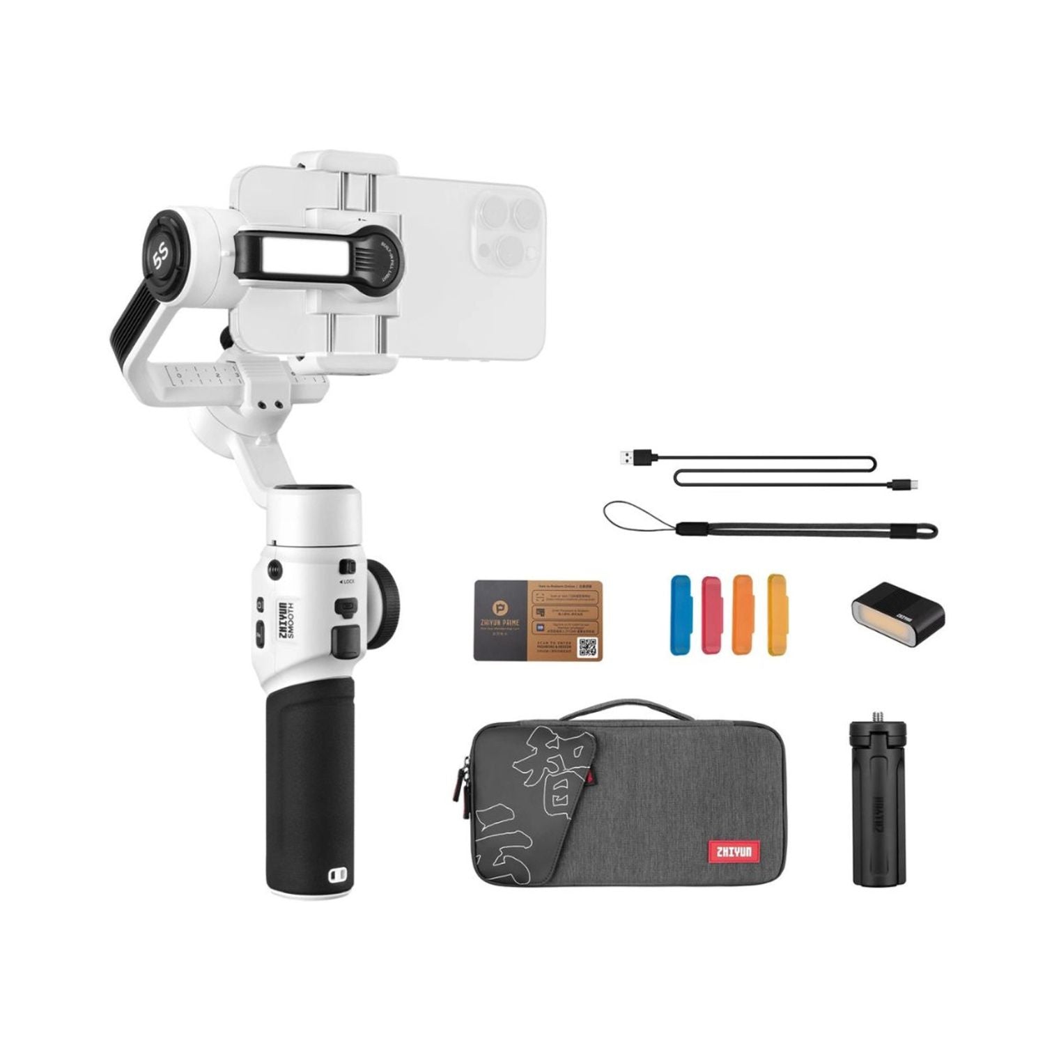 White SMOOTH 5S stabilizer kit with case, accessories, and spare charging grip