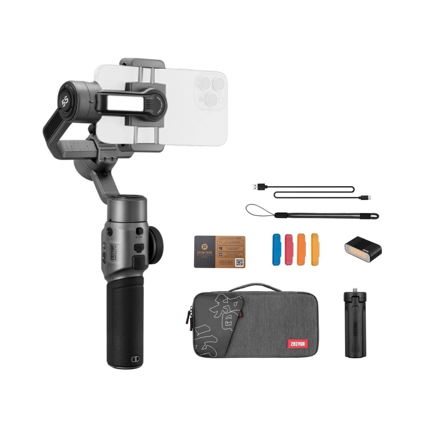 SMOOTH 5S grey stabilizer combo kit with phone clamp, case, and bundled tools