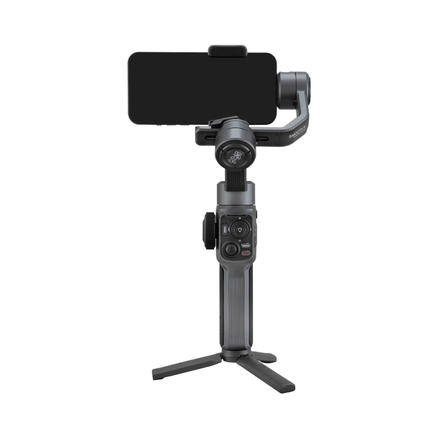 Smartphone-Gimbal mit angebautem Halter, Griff und Dreibein-Stativfuß