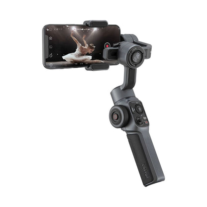 Smartphone-Gimbal mit montiertem Smartphone im Querformat und Kamerakopf
