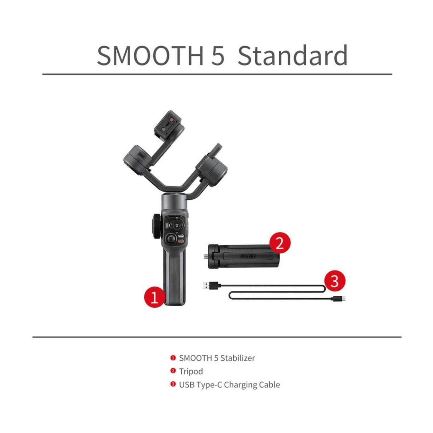 Smooth 5 Standard: Gimbal, Stativ und USB-C-Ladekabel