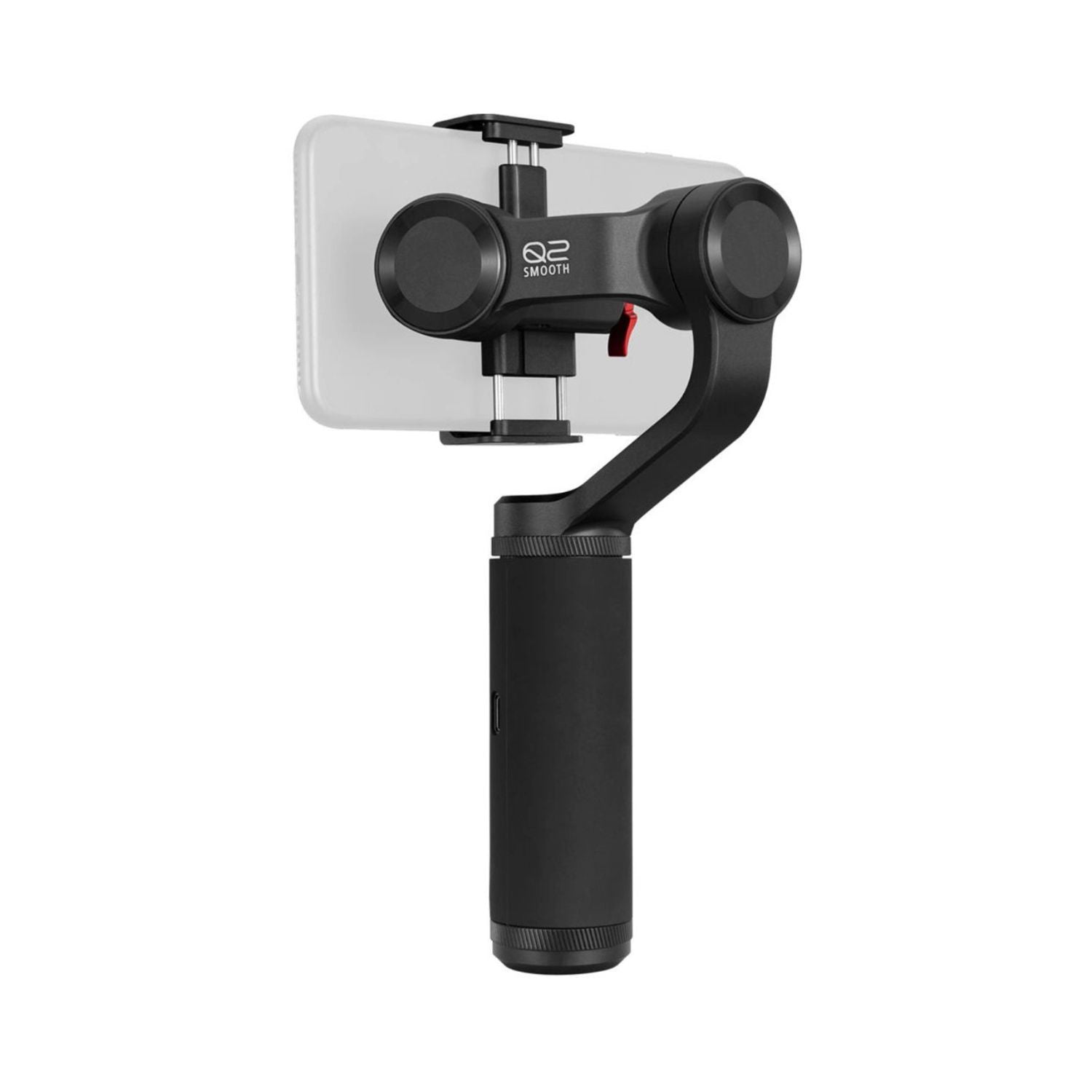 Smooth-Q2 gimbal with phone holder, mounted smartphone in portrait orientation
