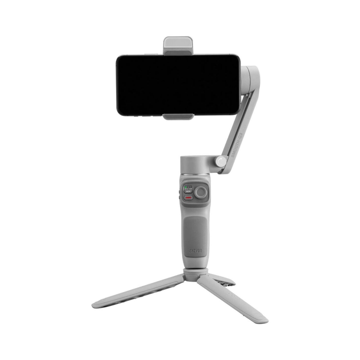 Smooth-Q3 smartphone gimbal, gray handle with fold-out tripod legs